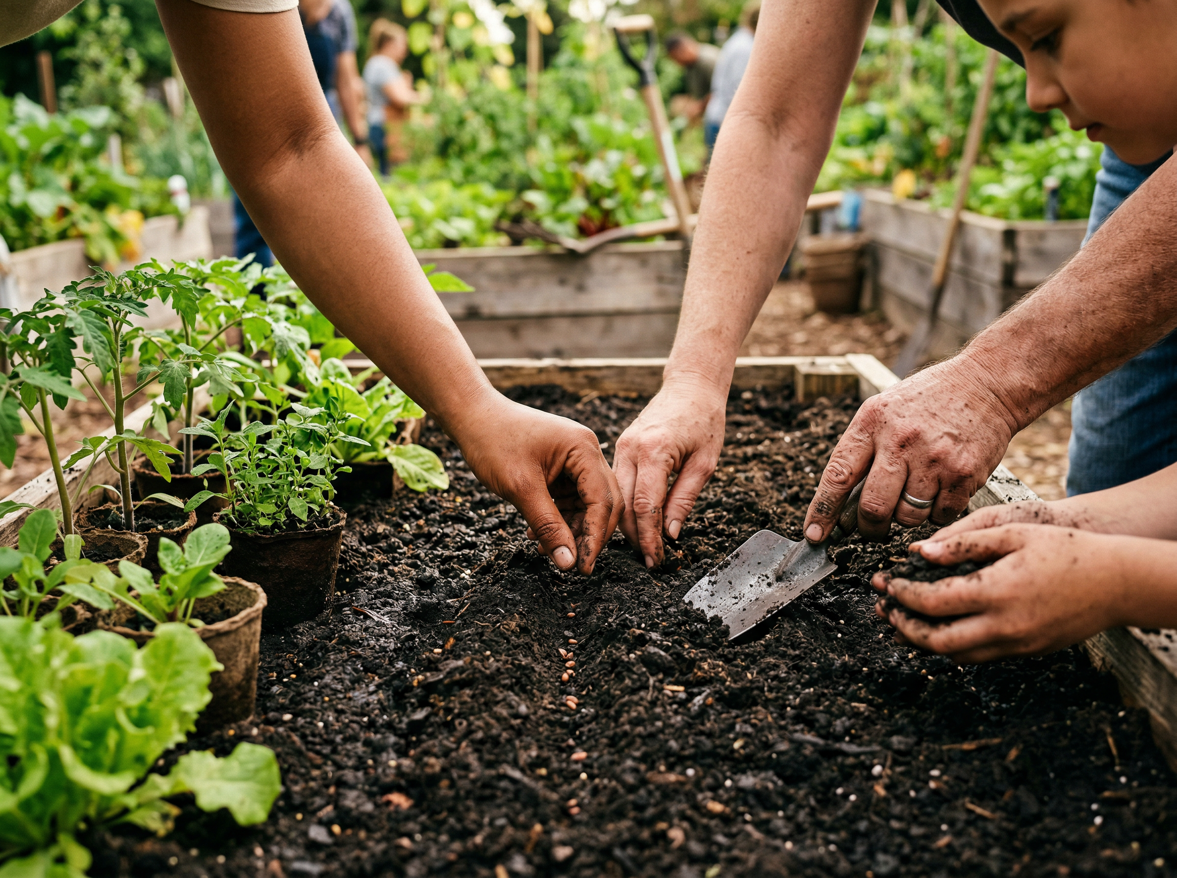 Neighbors planting seeds together in the community garden