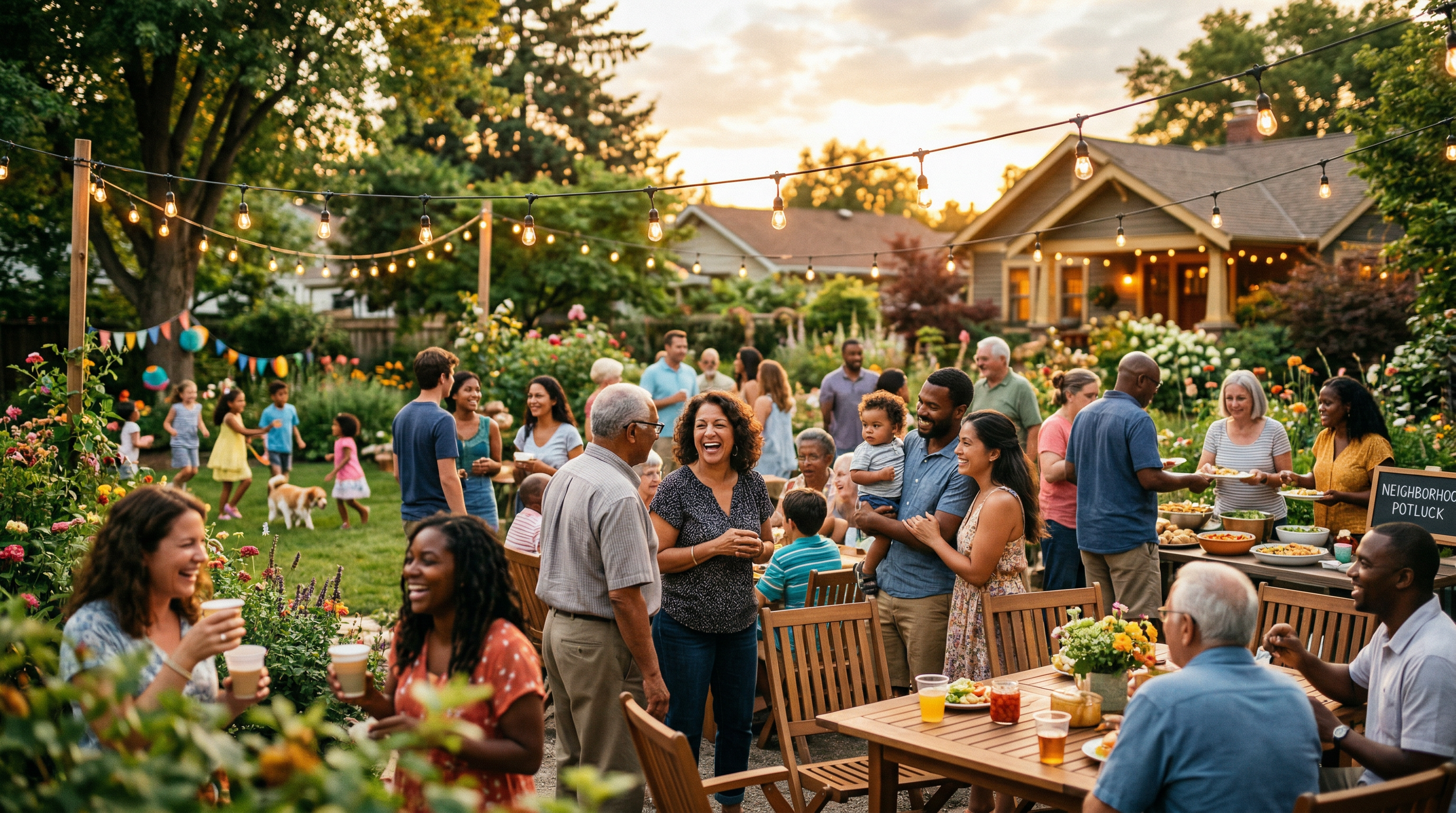 Neighbors gathered for a community event in the garden