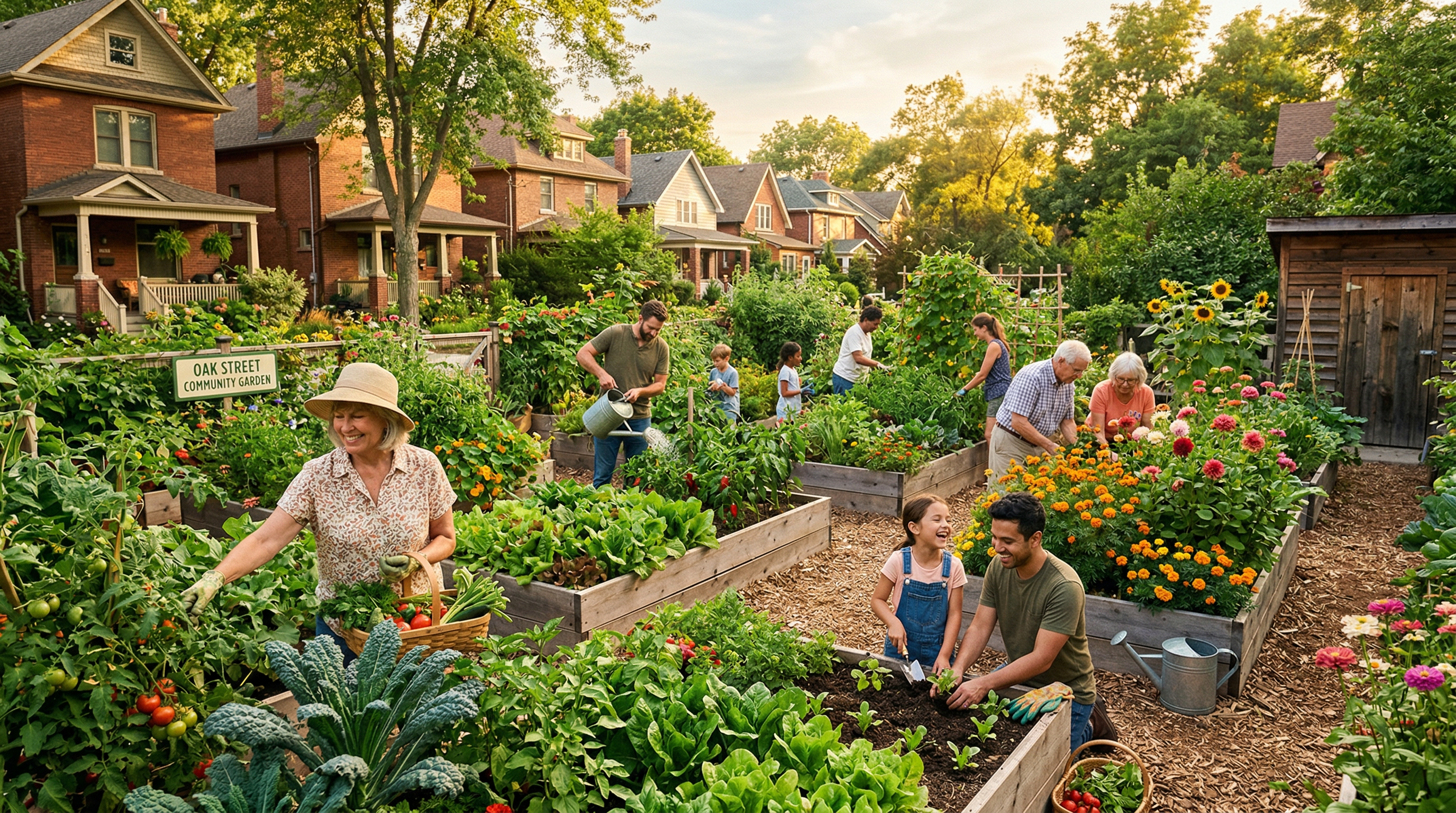 Neighbors of all ages tending a lush community garden in Kingston, PA